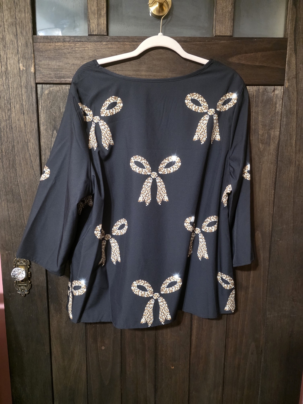 SHEIN Black Top with Gold Sequin Bow Accents